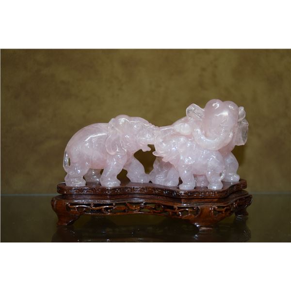 CHINESE ROSE QUARTZ ELEPHANT CARVING ON STAND (6" X 2 1/2")