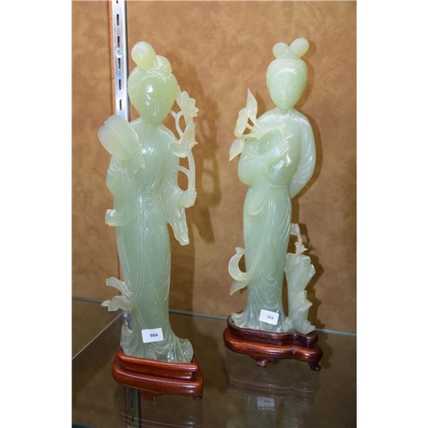 CHINESE SERPINTINE JADE BEAUTIES ON STANDS (10 1/2" X 11") (PAIR)
