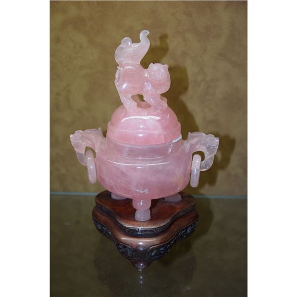 CHINESE ROSE QUARTZ CENSER W/FU DOG & STAND (6 1/2")
