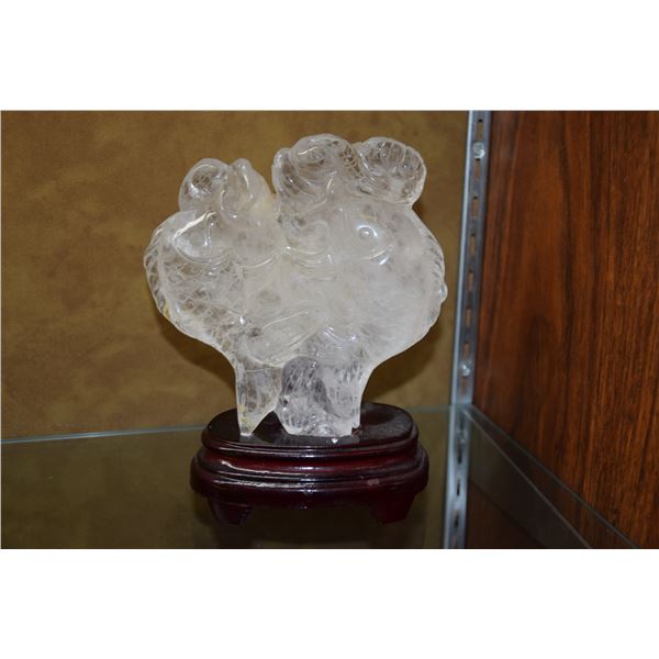 ROCK CRYSTAL DOUBLE FISH CARVING ON STAND (6") (FROM THE COLLECTION OF  REV. CLARENCE GUERREIRO)