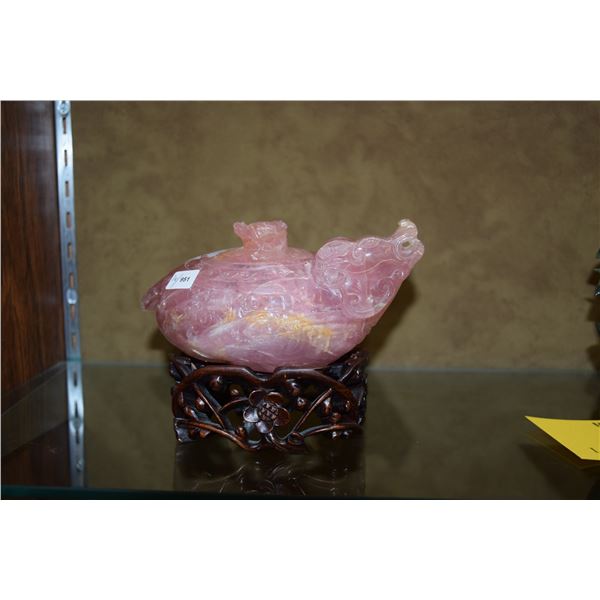 CHINESE ROSE QUARTZ RAM LIDDED BOWL W/STAND (6 1/2" X 3 1/2")