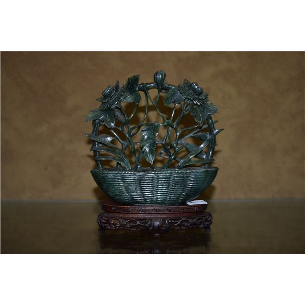 RITICULATED JADE CARVING OF FLOWERS IN BASKET W/STAND (5 3/4" X 3 1/2")