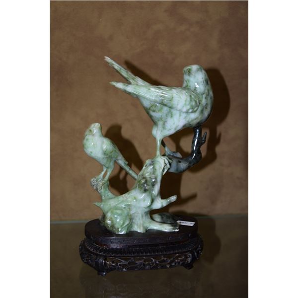 GREEN JADE BIRDS ON A PERCH W/STAND (7")