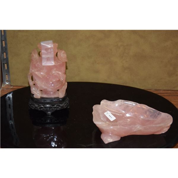 CHINESE ROSE QUARTZ LIDDED VESSEL ON STAND & LOW LEAF DISH (2 PCS)
