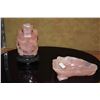 Image 1 : CHINESE ROSE QUARTZ LIDDED VESSEL ON STAND & LOW LEAF DISH (2 PCS)