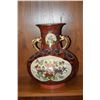 Image 1 : LARGE ORIENTAL CORAL VASE W/DRAGON HANDLES & FLORAL CARTOUCHE (14 1/2")