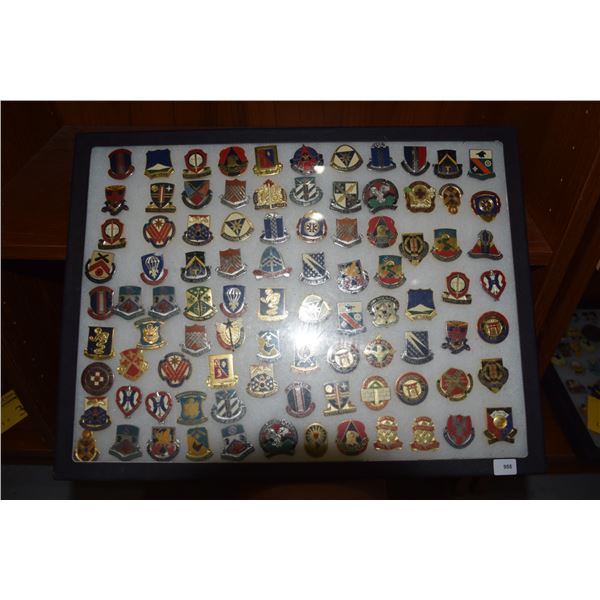 MILITARY PINS, INSIGNA'S, ETC W/DISPLAY BOXES (2 BOXES)