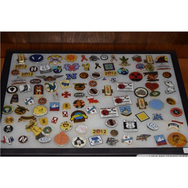 COLLECTION OF ASSORTED PINS W/DISPLAY CASE