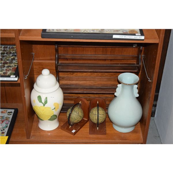 MIXED LOT: VASE, CERAMIC JAR W/LID, BOOK ENDS & SPICE RACK (5 PCS)