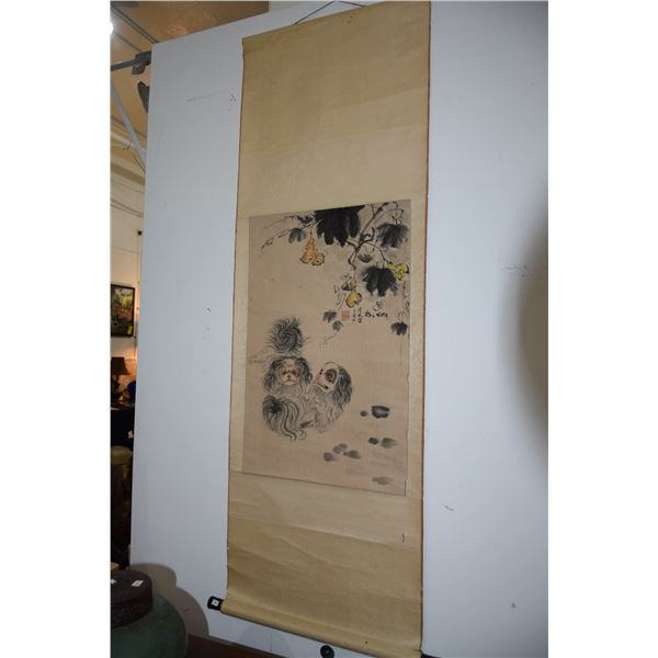 VINTAGE CHINESE POLYCHROME HAND PAINTED SCROLL OF PEKINGESE DOGS (SOME DAMAGE)