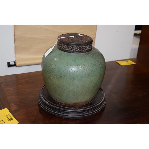ANTIQUE SHIWAN GREEN GLAZED GINGER JAR W/INTRICATE LID