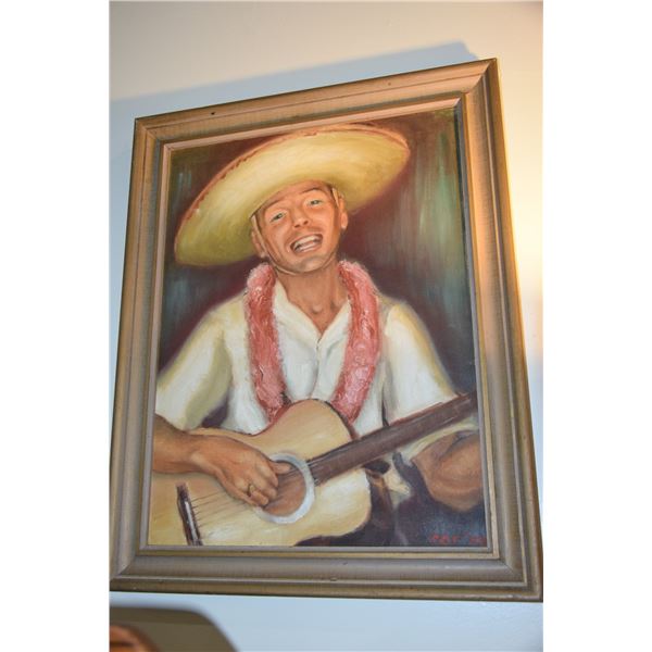 FRAMED OIL ON CANVAS, "HAWAIIAN MUSICIAN"; SIGNED COR 1949 (CORNELIAS FOLEY?) (22" X 28")