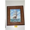 Image 1 : FRAMED OIL ON CANVAS, "TALL SHIP"  (ANTIQUE OAK FRAME) (26" X 30")
