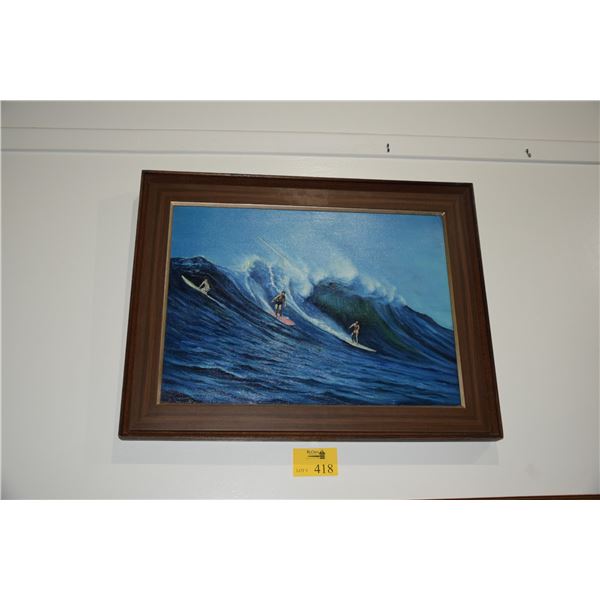 FRAMED OIL ON CANVAS, "SURFERS AT SUNSET BEACH" 1964; SIGNED