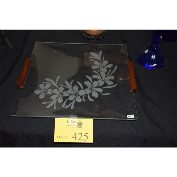 HAWAIIAN ETCHED GLASS "PLUMERIA" TRAY W/WOOD HANDLES (14 1/2" X 13 1/2")