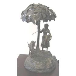 Bronze and Spelter Lamp, Girl with Caribou