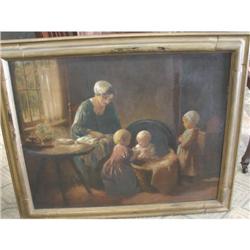 Oil on Board of Woman with 3 Children