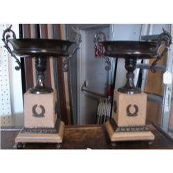 Pair of Metal Urns with Wooden Bases