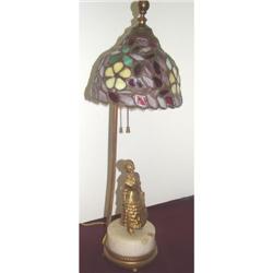 Figural Lamp of Lady with  Leaded Glass Bell Shade