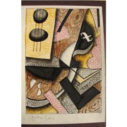 Signed Juan Gris Cubist Abstract with Guitar