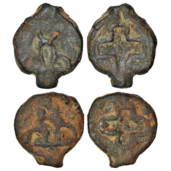Ancient India: Early uninscribed cast copper coin (2), Deccan series, Piper 527, 9.23g and 10.64g.