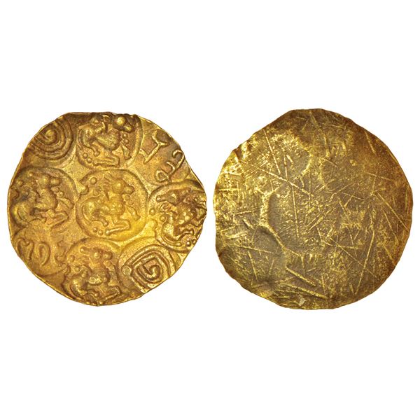 Medieval India: Cholas, Raja Raja I (985-1014 AD), gold 1/8th kahavanu, MCSI-II 331, 0.45g.