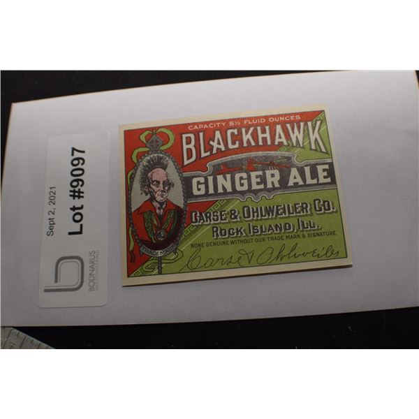 NOS BLACKHAWK GINGER ALE LABEL