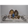 Vintage brass picture frames, cast candle holders, ceramic figures