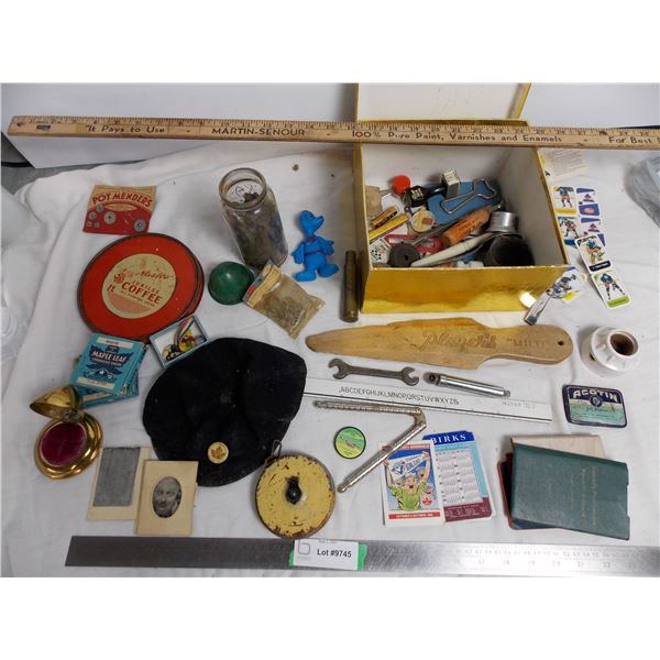 Box of misc vintage trinkets + yard stick