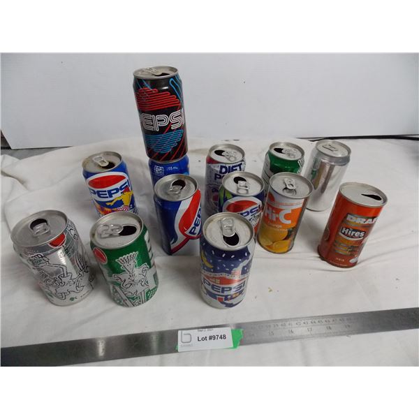 Vintage pop cans - hires, 7-up (fido dido), pepsi (sex can) etc