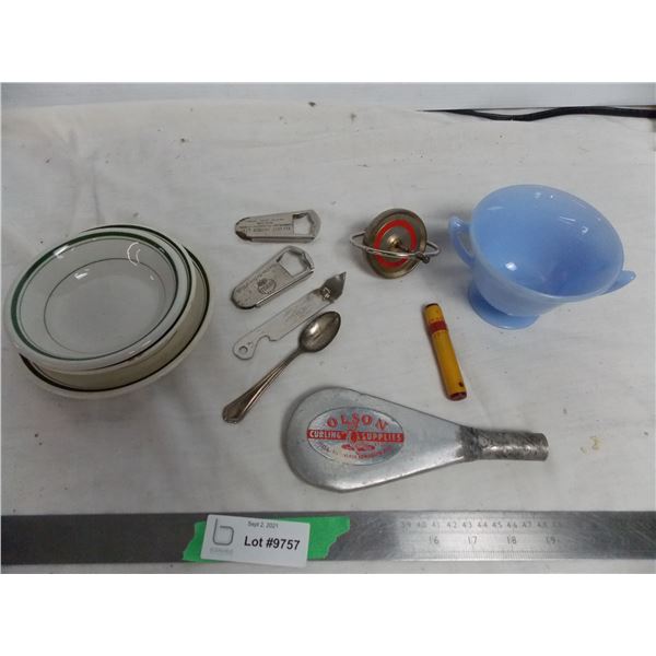 blue pyrex double handle cup + Olson curling supplies piece, shell bottle opener