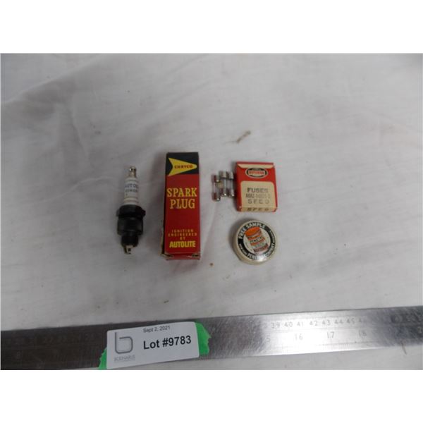 Chryco sparkplug, rotunda fuses, penetro sample tin