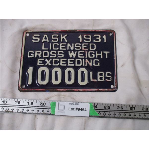 1931 Sask 10,000 lb Plate