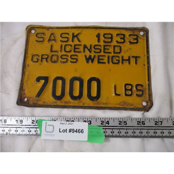 1933 Sask 7,000 lb Plate