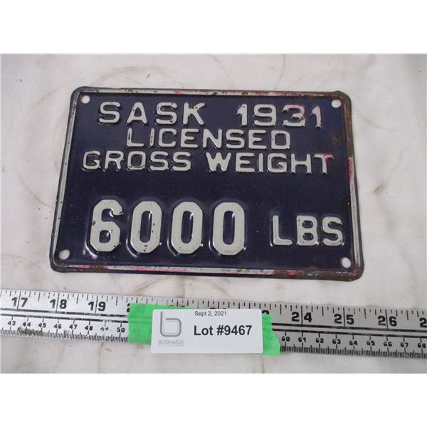 1931 Sask 6,000 lb Plate