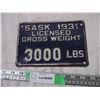 Image 1 : 1931 Sask 3,000 lb Plate