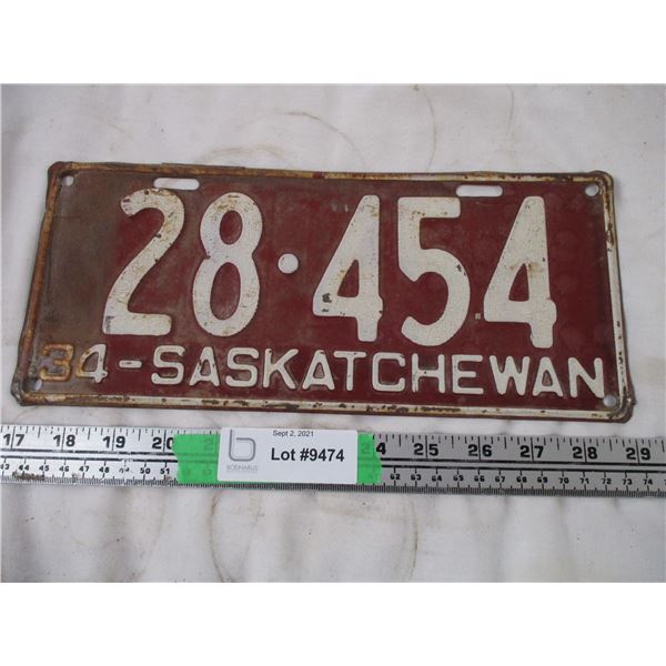 1934 Sask Licence Plate