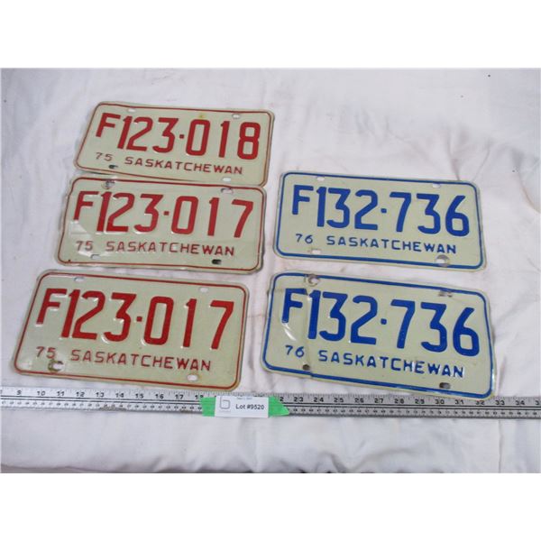 (2) Pairs of Sask Licence Plates 1975, 76 Plus 1 Other 1975