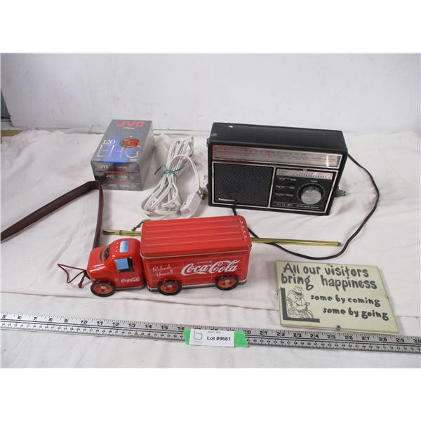 Panasonic Radio, New VHS Tapes, Coca Cola Tin Plus Misc