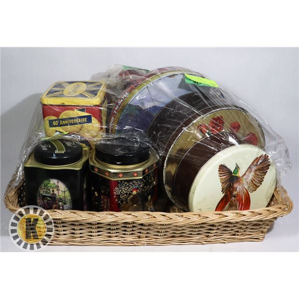 LARGE WEAVED BASKET AND MANY COLLECTIBLE CANS/TINS