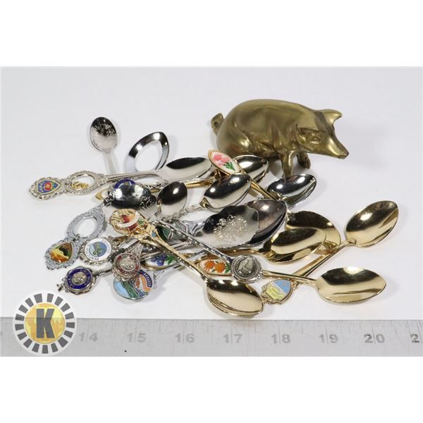 VINTAGE/ANTIQUE DISPLAY SPOONS AND BRASS PIG
