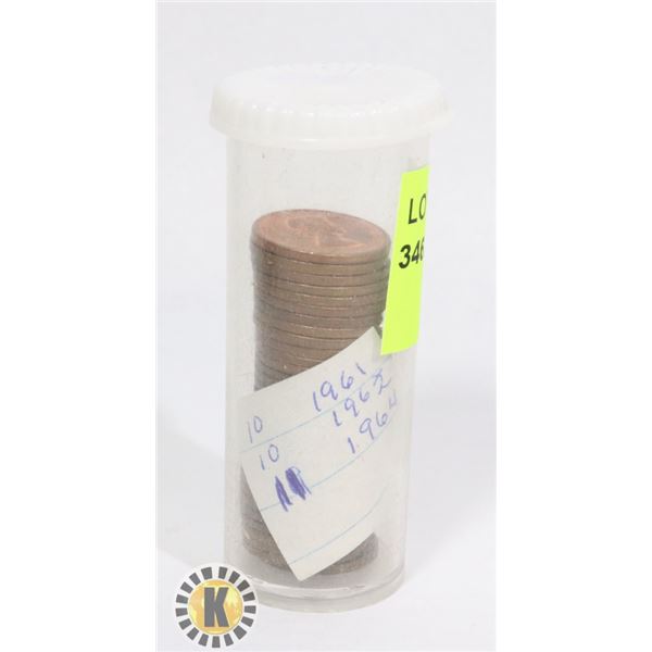 TUBE OF CANADIAN PENNIES FROM THE YEARS 1961,62,64