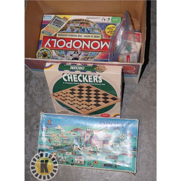 BOARD GAMES- CHECKER, 2 MONOPOLY,  12 DECKS CARDS