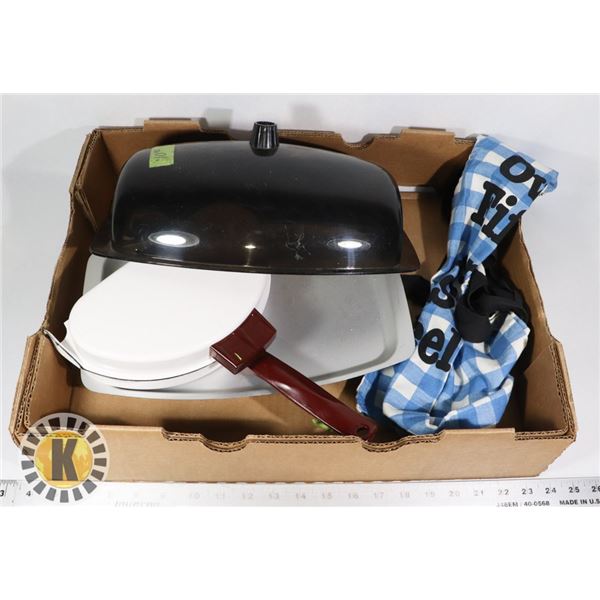 HEATED SERVING TRAY, OMELET PAN, AND APRON