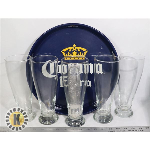 CORONA SERVING TRAY AND 4 EXTRA LARGE BEER GLASSES