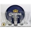 Image 1 : CORONA SERVING TRAY AND 4 EXTRA LARGE BEER GLASSES