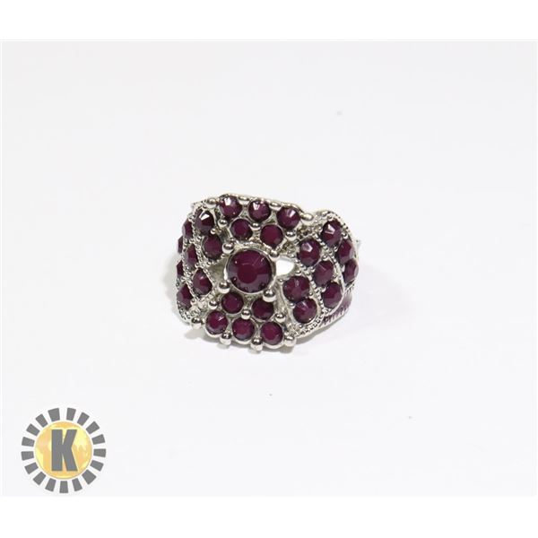 925-124 SILVER COLOUR  BAND W/ DARK PURPLE JEWELS RING
