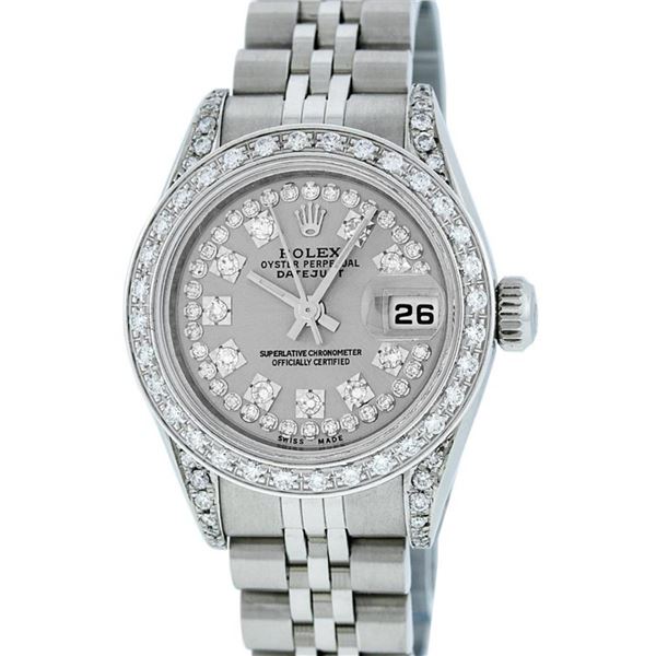 Rolex Ladies Stainless Steel Quickset Slate Grey Diamond Lugs Datejust Wristwatc