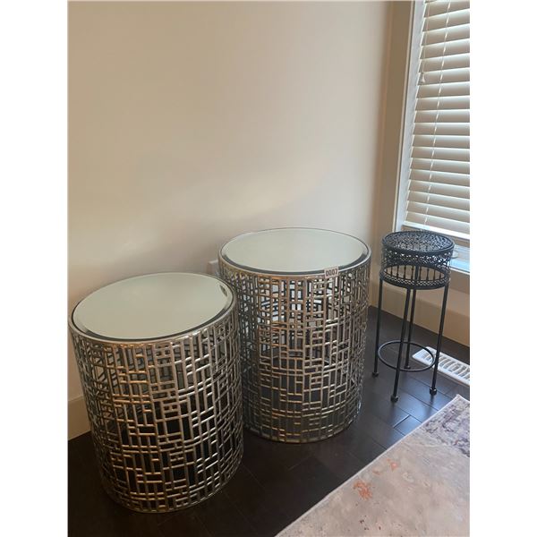 Decorative Side Table Pair (Biggest is 17" Diameter 20"H) and Plant Stand.