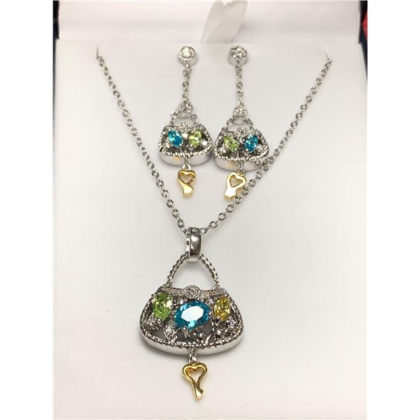 Italian Designed Necklace with matching earrings handbag design set with topaz gemstones in silver N